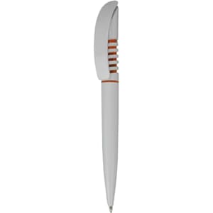 A plastic pen in white with orange accents and a logo on the body.