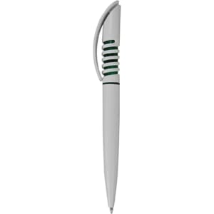 A plastic pen in white with green grip accents and a stylish design. It features a logo on the body.