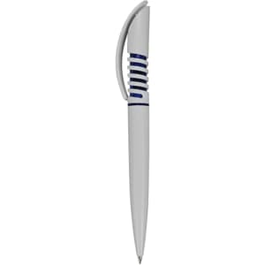 A plastic pen in grey with blue accents, featuring a logo on its side.