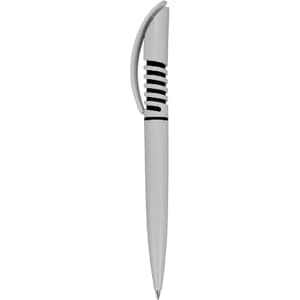 A plastic pen in grey with a sleek design and a logo on the side.