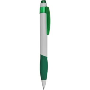 A plastic pen in white and green, featuring a grip section and a clip. It has a logo on its body.