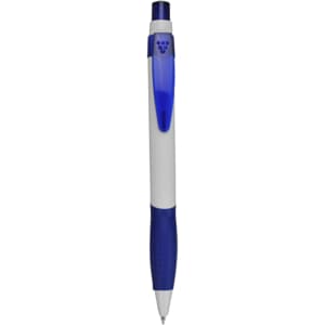 A plastic pen in white and blue with a grip section and a clip. It features a logo on the body.
