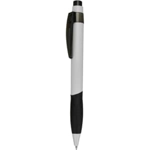 A plastic pen in white and black, featuring a secure clip and textured grip. It has a logo on the barrel.