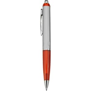 A plastic pen with a silver barrel and an orange grip, featuring a silver clip and a logo.