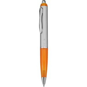 A plastic pen with an orange and silver design, featuring a clip and a glossy finish.