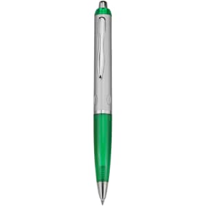 A plastic pen with a green barrel and silver accents, featuring a logo on the barrel.