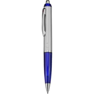 A blue and silver plastic pen with a clip and a logo on the body.