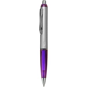 A plastic pen with a silver body and a purple grip, featuring a clip and a logo.
