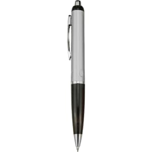 A plastic pen featuring a silver body and black grip, with a clip and a chrome accent. It has a logo on the barrel.