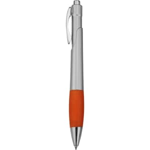 A plastic pen with a silver barrel and an orange rubber grip, featuring a clip and a shiny tip.