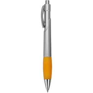 A plastic pen with a silver barrel and a yellow rubber grip, featuring a clip and refillable tip.