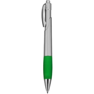 A silver ballpoint pen with a green grip and a retractable mechanism, featuring a branding logo.