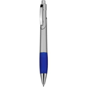 A plastic pen with a silver body and a blue grip, featuring a clickable top and a clip.