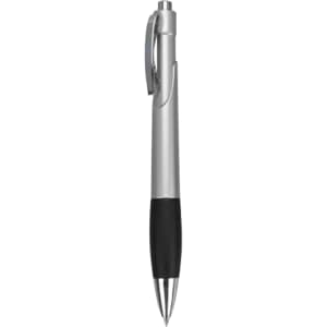 A silver plastic pen with a black grip and clip, featuring a branding logo.