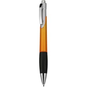 A plastic pen with a sleek orange and black design, featuring a silver clip and a glossy finish.