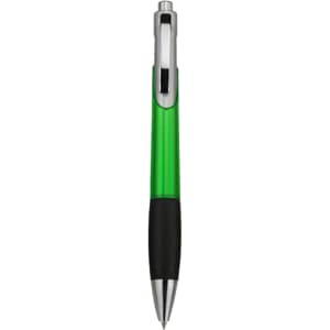 A plastic pen with a bright green barrel and a black grip, featuring a silver clip and tip. It has a logo on the barrel.