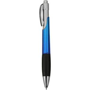 A plastic pen with a blue and silver barrel, featuring a black rubber grip and a clip.