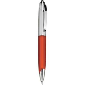 A plastic pen in vibrant orange with a chrome clip and tip, featuring a sleek design and branding.