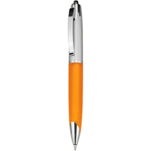 An orange plastic pen with a chrome clip and silver tip, featuring a logo.
