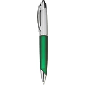 A plastic pen with a green barrel and silver accents, featuring a clip and chrome tip. The pen has a logo on it.