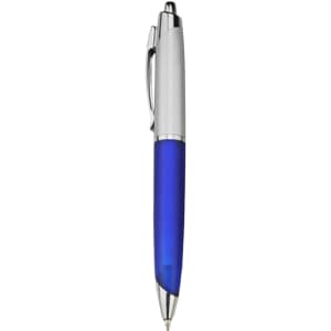 A plastic pen with a blue barrel and silver accents, featuring a clip and a logo.