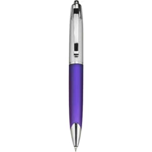 A purple plastic pen with a shiny silver clip and tip, featuring a branded logo.