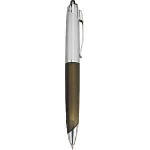 A plastic pen with a silver top and a dark green barrel. The pen features a clip and a branding logo.