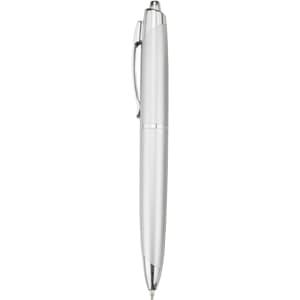 A silver plastic pen with a sleek design and a clip, featuring a logo on its surface.