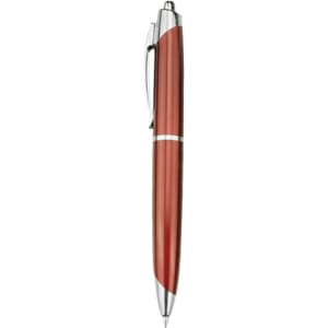A plastic pen in a rich red and silver design with a sleek, elegant look and a clip for easy attachment.