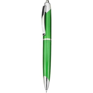A green plastic pen with chrome accents, featuring a clip and a smooth barrel design.
