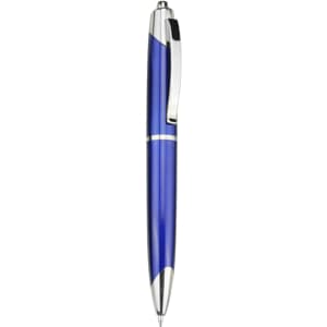 A blue plastic pen with silver accents and a clip, featuring a smooth, elegant design and a logo.