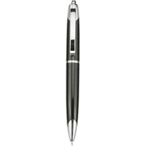 A plastic pen in black with silver accents and a logo on the side.