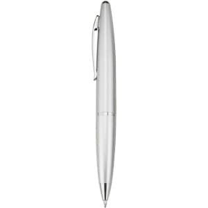 A silver plastic pen with a sleek design, featuring a clip and a branding logo.
