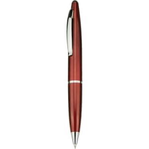 A sleek red plastic pen with silver accents and a clip, featuring a subtle logo on the body.