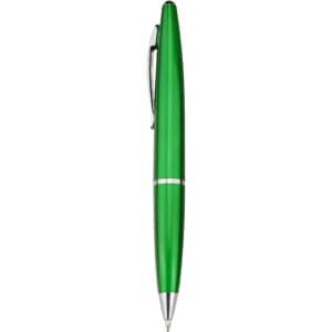 A green plastic pen with a sleek design and a silver clip, featuring a logo.