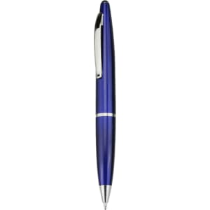 A blue plastic pen with a silver clip and detailing, featuring a logo on its body.