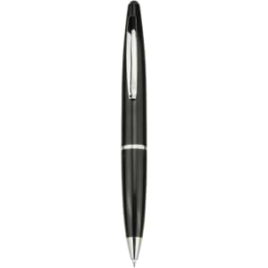 A plastic pen in glossy black with a silver accent and a clip, featuring a logo.
