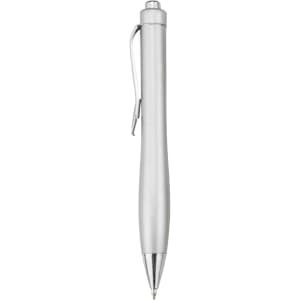 A silver plastic pen with a sleek design and a clip, featuring a shiny finish and a pointed tip.