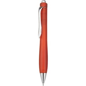A plastic pen in a glossy red finish with a silver clip and tip. The pen features a sleek, streamlined design.