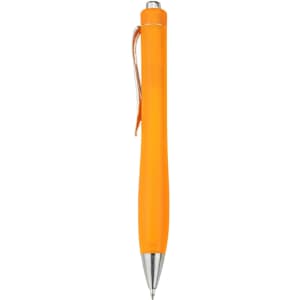 An orange plastic pen with a silver clip and tip, featuring a sleek, ergonomic design.