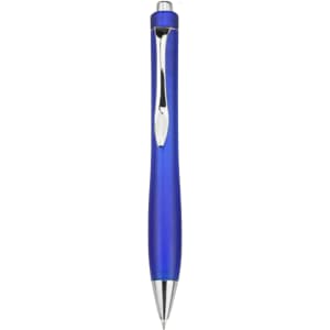 A blue plastic pen with a sleek design and a silver clip. The pen features a shiny tip.