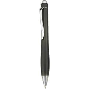 A black plastic pen with a silver clip and trim features a sleek design. It has a logo on the body.