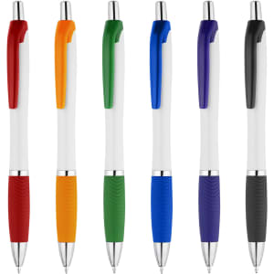 A selection of six plastic pens in red, orange, green, blue, purple, and black, featuring textured grips and a logo.