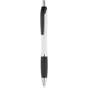 A plastic pen in white with a black grip and metallic clip, featuring a logo on the barrel.