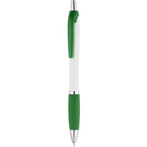 A plastic pen featuring a white barrel and green grip and accents, with a silver clip at the top.