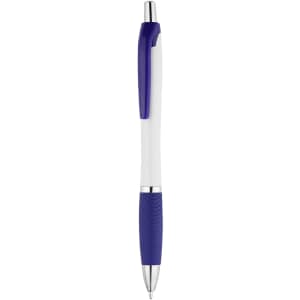 A plastic pen featuring a white body and purple accents, with a textured grip for easy handling. It has a logo.