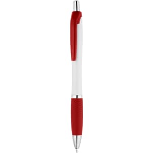 A plastic pen with a red grip and clip, featuring a white barrel and silver accents. It has a logo on the barrel.
