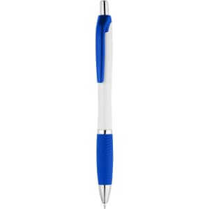 A plastic pen with a blue grip and clip, featuring a white body and silver accents. It has a branding logo.