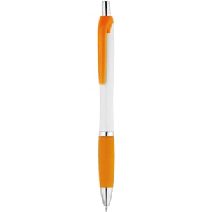 A plastic pen featuring a white body with an orange grip and clip, along with a chrome tip.