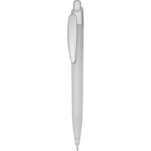 A grey plastic pen with a transparent barrel and a clip. It features a logo on the barrel.